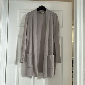 Loft XXSP grey-white linen blend long cardigan with patch pockets